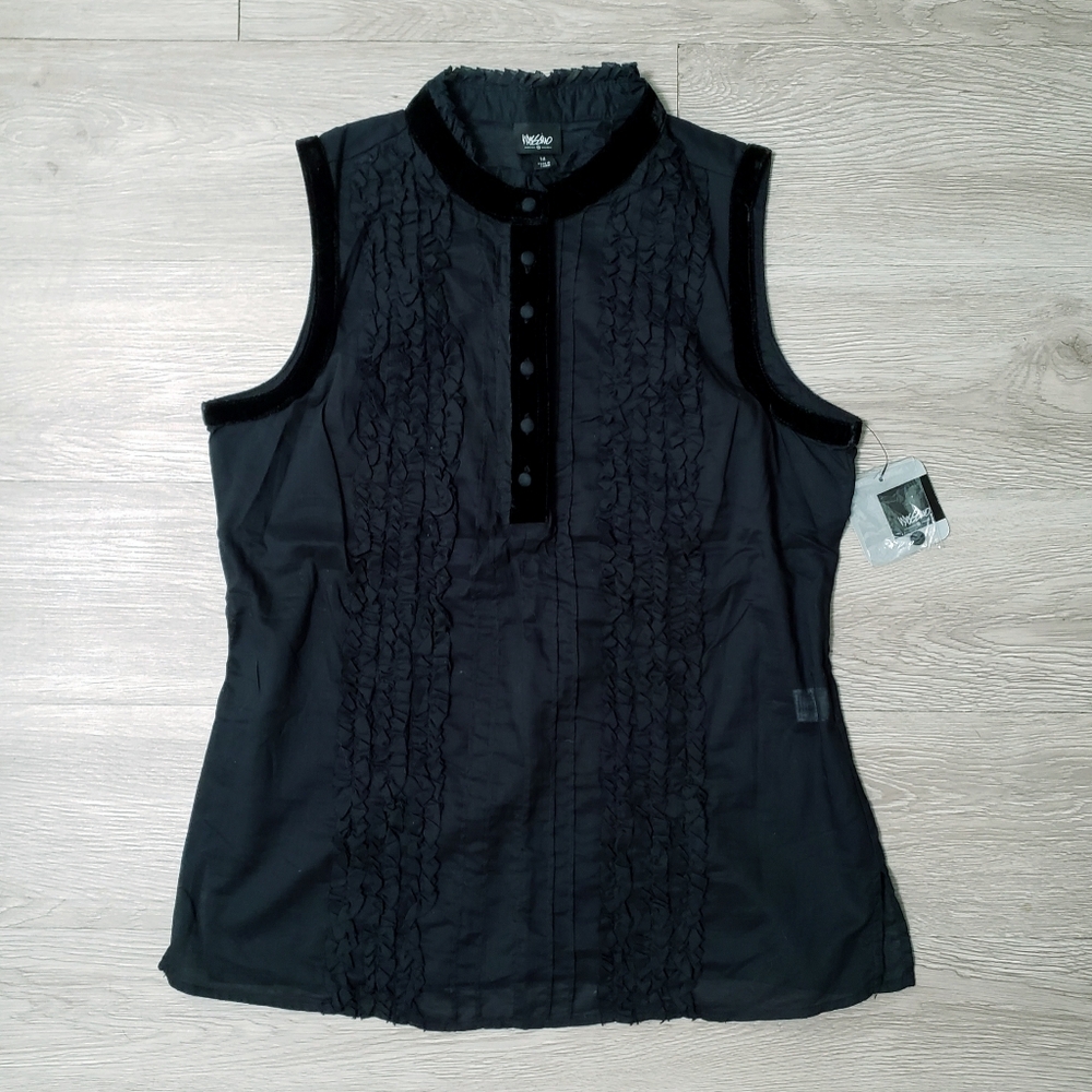 NWT black semi sheer ruffle & velvet trim sleeveless top size Medium neutral